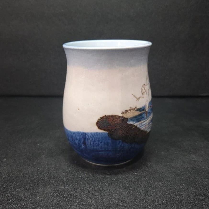 Studio Art Pottery Glazed Coffee Cup, Vintage Beach Seagulls Ships Waves Design - Thumbnail 3