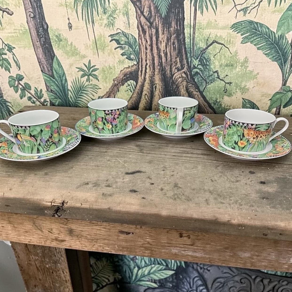 Ultra Porcelain by Sakura Magic Jungle Cup & Saucers, Set of 4 Vintage Tableware