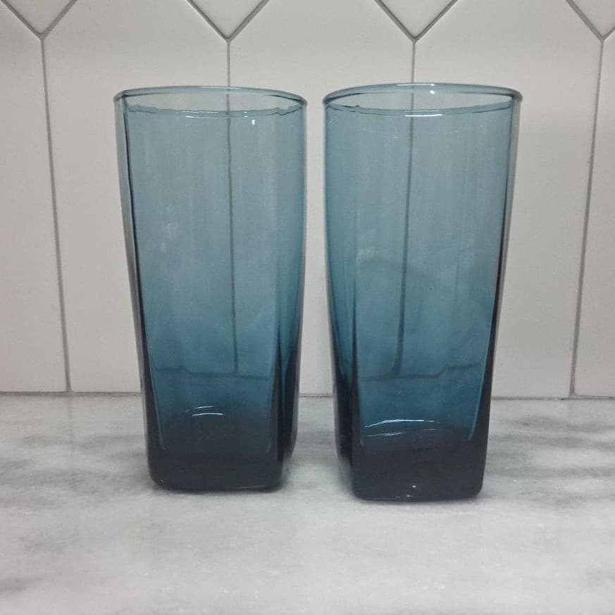 Anchor Hocking Rio Coastal Blue Tumblers, Set of 2, Vtg Square Base Drinkware - Thumbnail 4