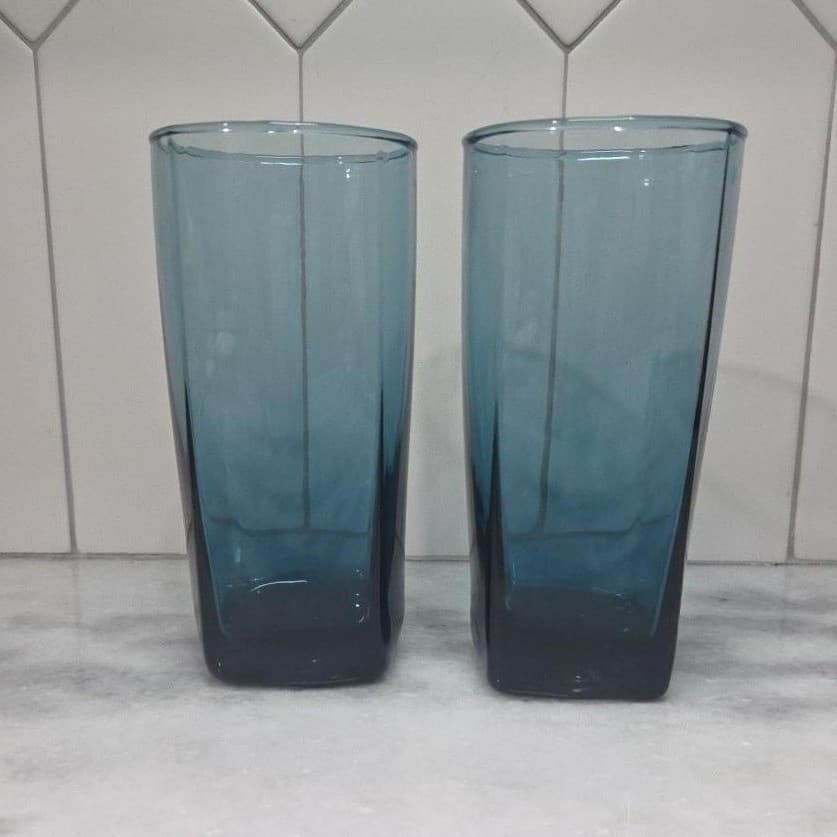 Anchor Hocking Rio Coastal Blue Tumblers, Set of 2, Vtg Square Base Drinkware - Thumbnail 5