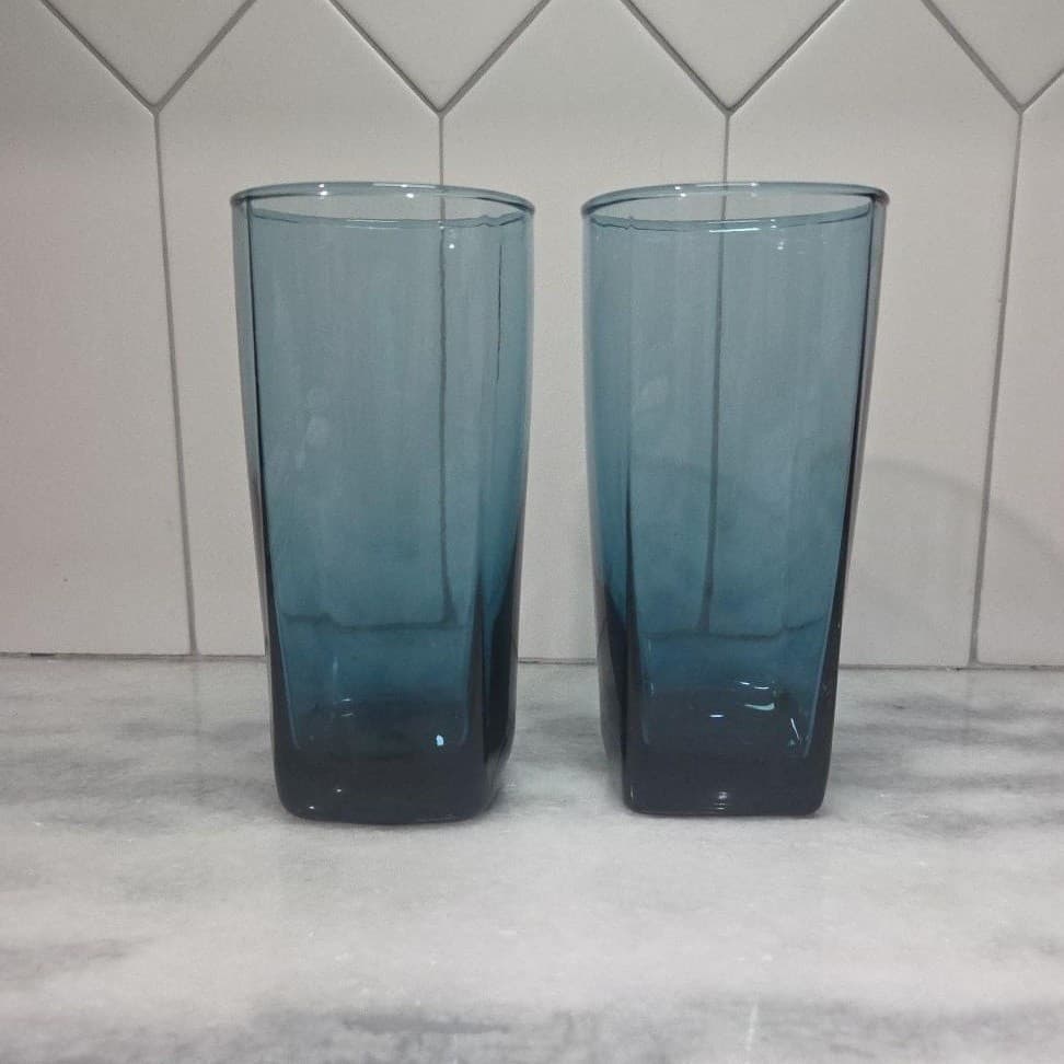 Anchor Hocking Rio Coastal Blue Tumblers, Set of 2, Vtg Square Base Drinkware - Thumbnail 2