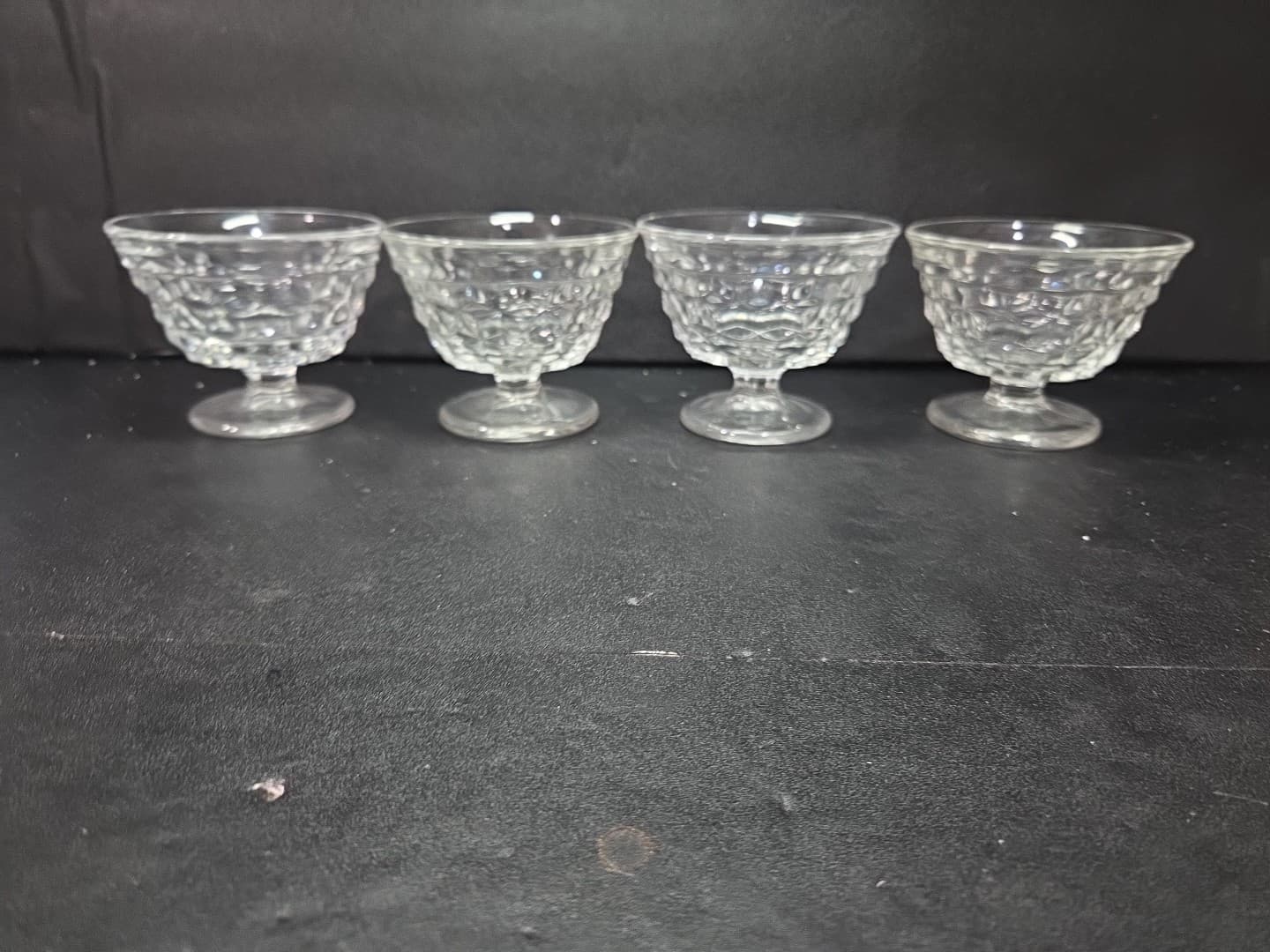 Fostoria American Cubist Sundae Dishes, Set of 4, Clear Goblet, 3" Dessert Bowls