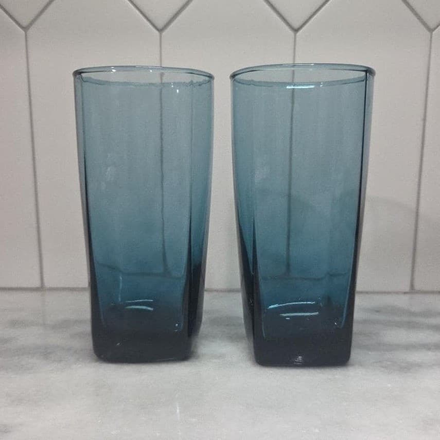 Anchor Hocking Rio Coastal Blue Tumblers, Set of 2, Vtg Square Base Drinkware - Thumbnail 3