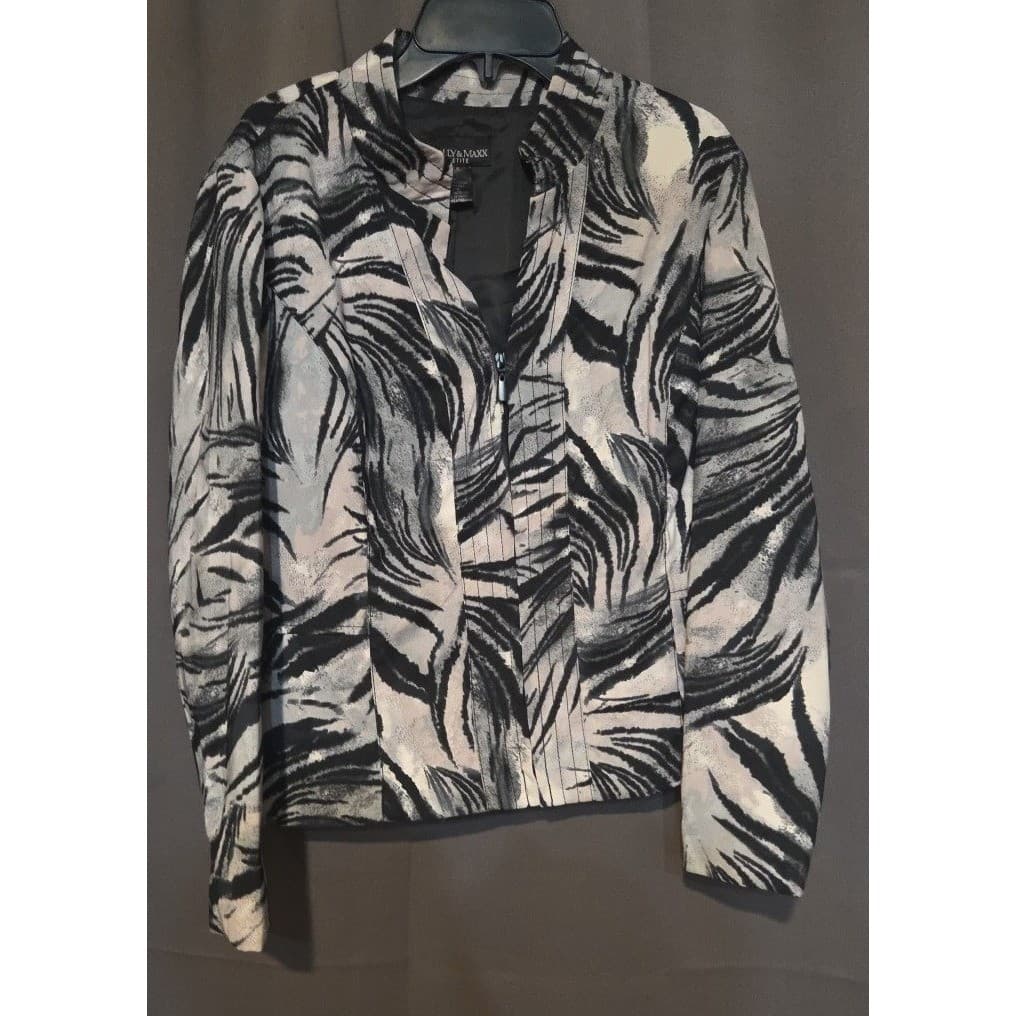Molly & Maxx Petite Zebra Print Zip Front Blazer, Gray Black Jacket, Women's PS - Thumbnail 3