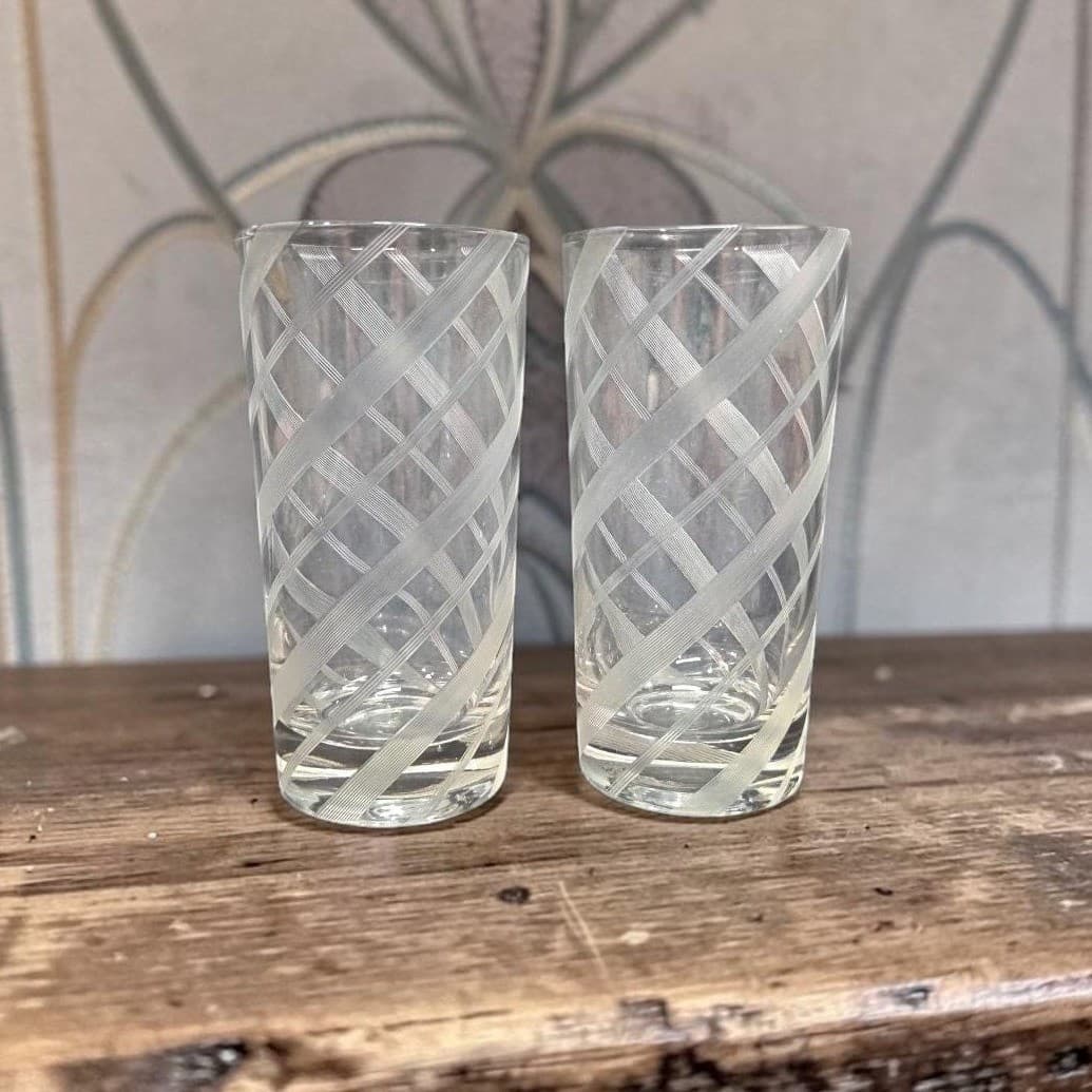 Federal Style Glass Tumblers, Set of 2, Vintage Etched Striped Spiral Glasses