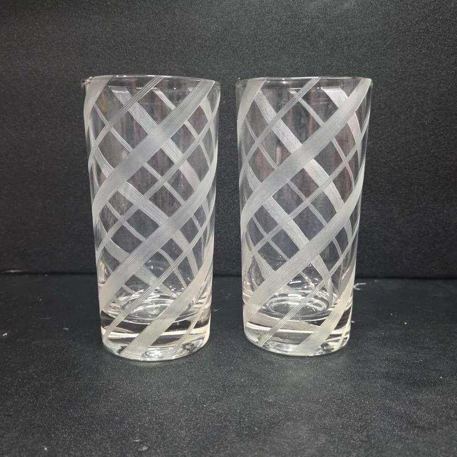 Federal Style Glass Tumblers, Set of 2, Vintage Etched Striped Spiral Glasses - Thumbnail 2