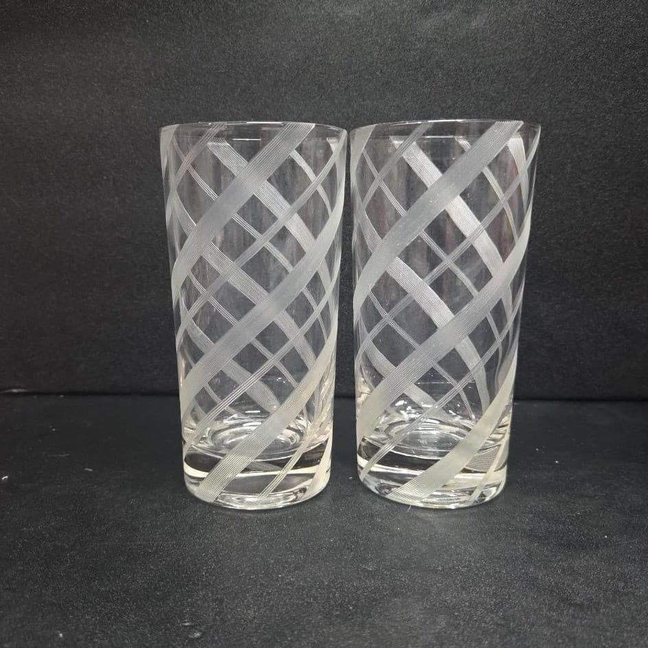 Federal Style Glass Tumblers, Set of 2, Vintage Etched Striped Spiral Glasses - Thumbnail 3