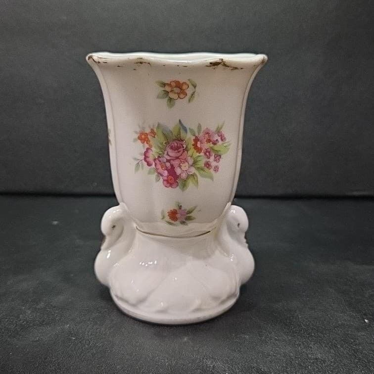Art Nouveau Gold‑Eyed Swan Bud Vase, Vintage Japan Floral Bouquet Holder - Thumbnail 2