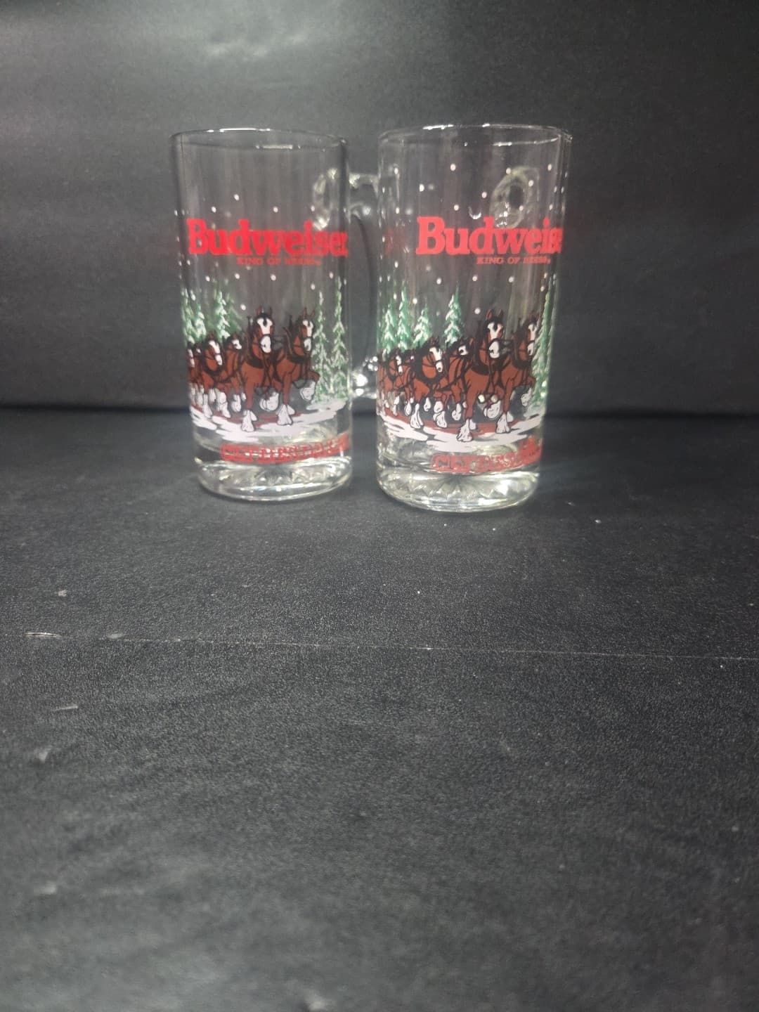 Budweiser Clydesdales Glass Beer Steins, Anheuser-Busch Mugs, Set of2, 1988/1989