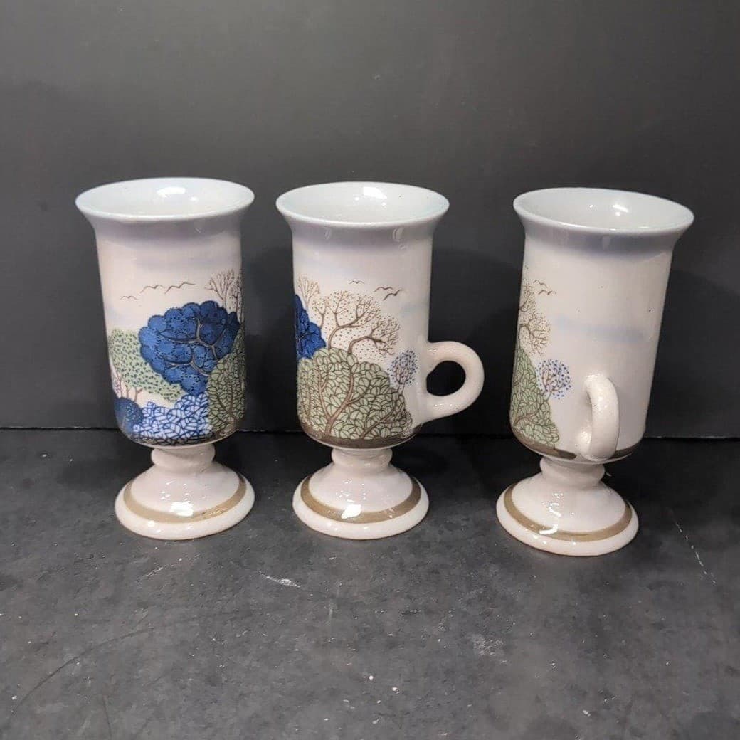 Otagiri Pedestal Irish Coffee Mugs, Set of 3, Vintage Birds & Trees Design - Thumbnail 3