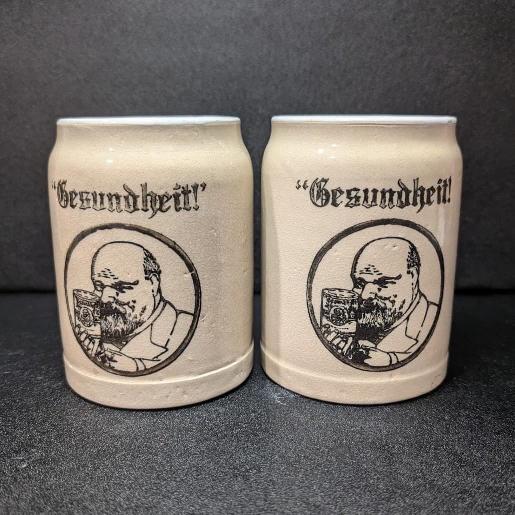 Gesundheit Beer Mugs, Set of 2, Vintage German-Style Barware, Black Transferware - Thumbnail 2