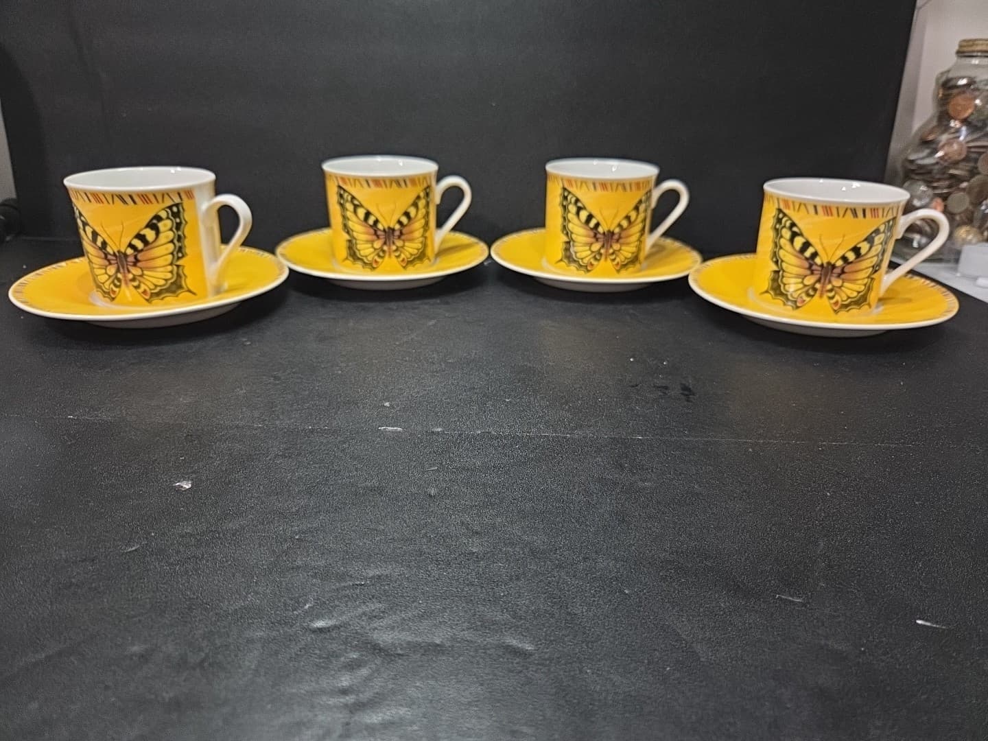 Lynns Maesto Yellow Butterfly Cup And Saucers, Set Of 4, Cottagecore Tea Set
