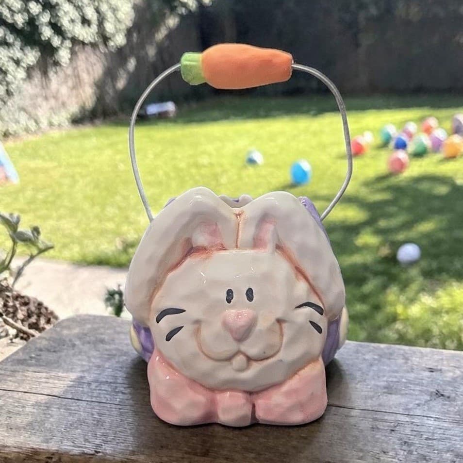 K's Collection Ceramic Bunny Rabbit Basket, Vintage Planter Bowl, Easter Decor