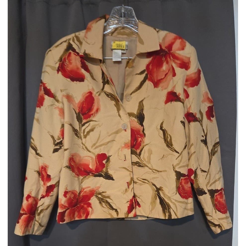 Coldwater Creek Petite Floral Blazer, Women's Small Jacket, Silk Linen, Tan Red - Thumbnail 3