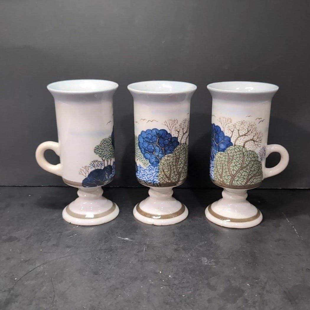 Otagiri Pedestal Irish Coffee Mugs, Set of 3, Vintage Birds & Trees Design - Thumbnail 2