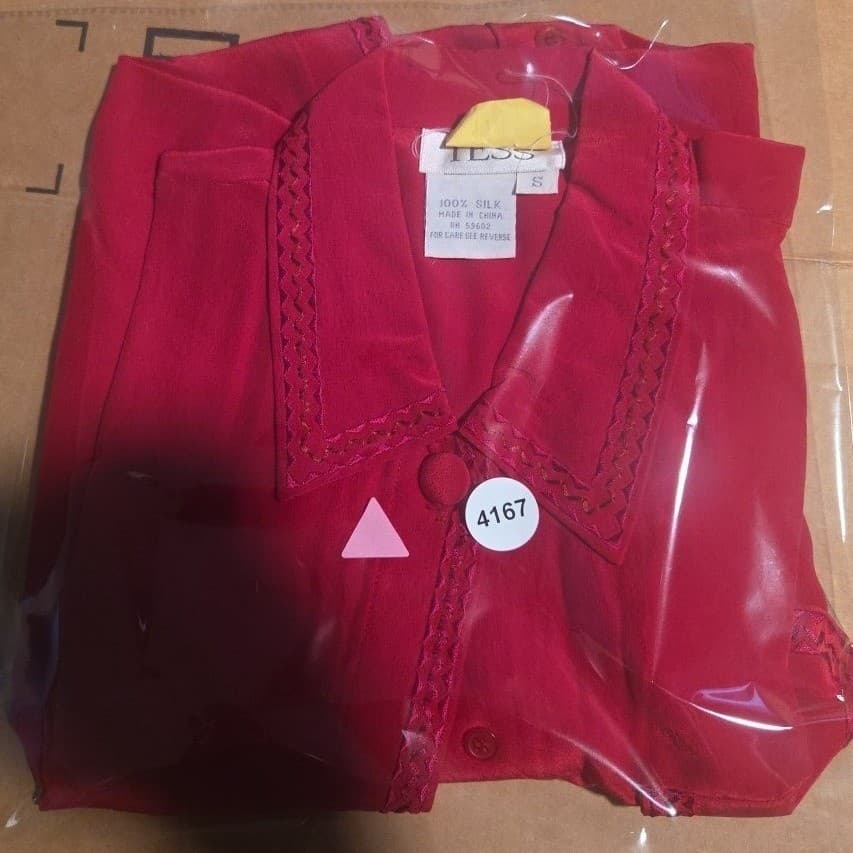 Tess Red Crochet Trim Button Down, Women's Small Blouse, 100% Silk, Long Sleeve - Thumbnail 9