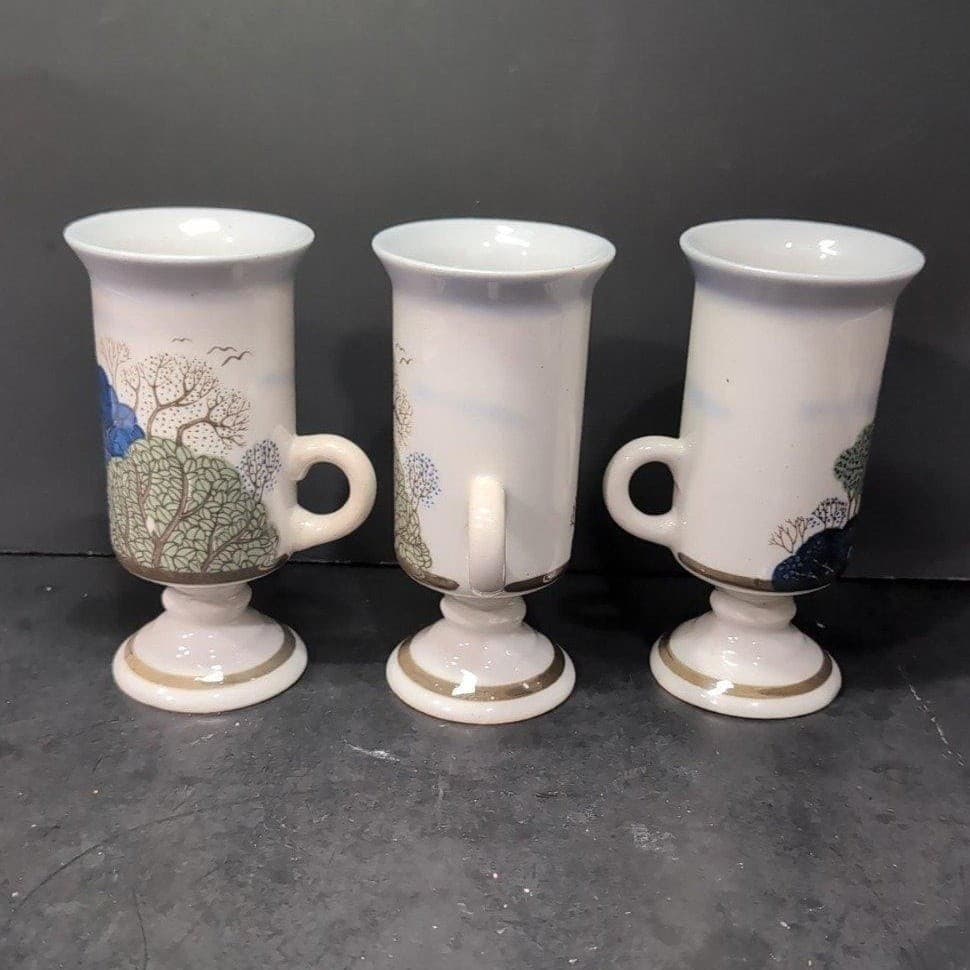 Otagiri Pedestal Irish Coffee Mugs, Set of 3, Vintage Birds & Trees Design - Thumbnail 4