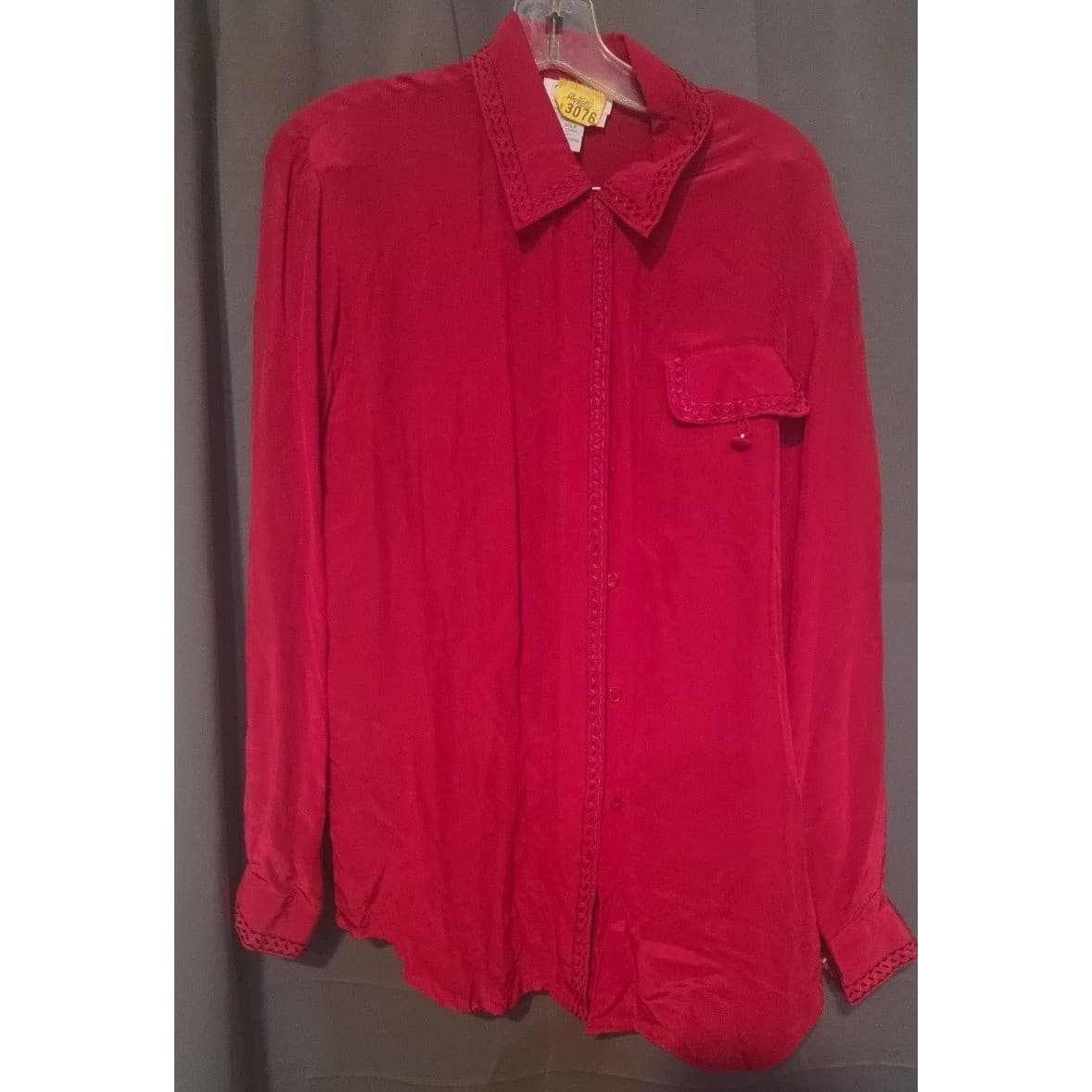 Tess Red Crochet Trim Button Down, Women's Small Blouse, 100% Silk, Long Sleeve - Thumbnail 3