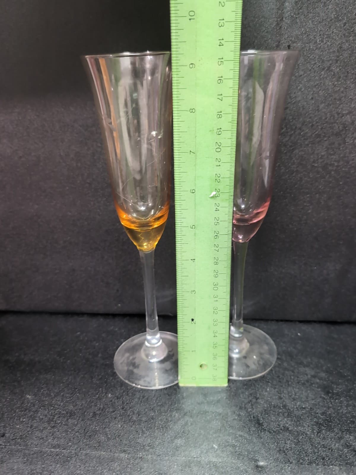 Etched Lead Crystal Champagne Flutes, Fluted Chintz Glass, Yellow & Pink Glass - Thumbnail 8