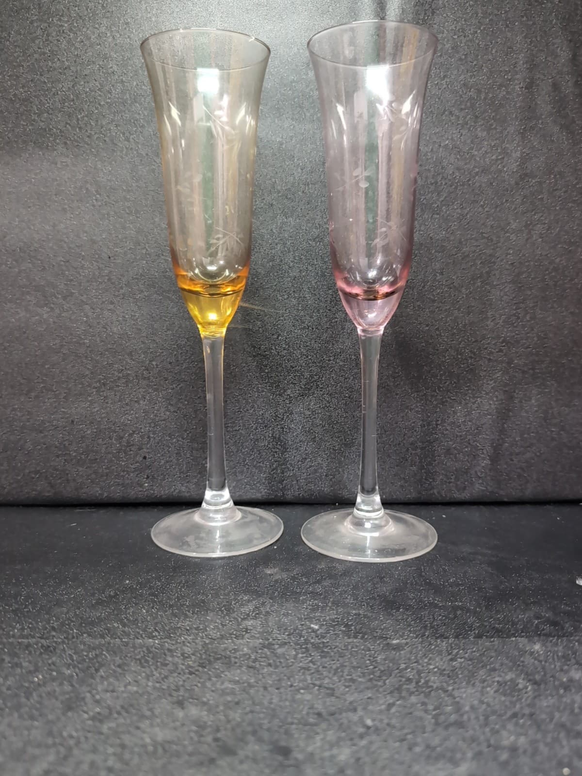 Etched Lead Crystal Champagne Flutes, Fluted Chintz Glass, Yellow & Pink Glass - Thumbnail 2