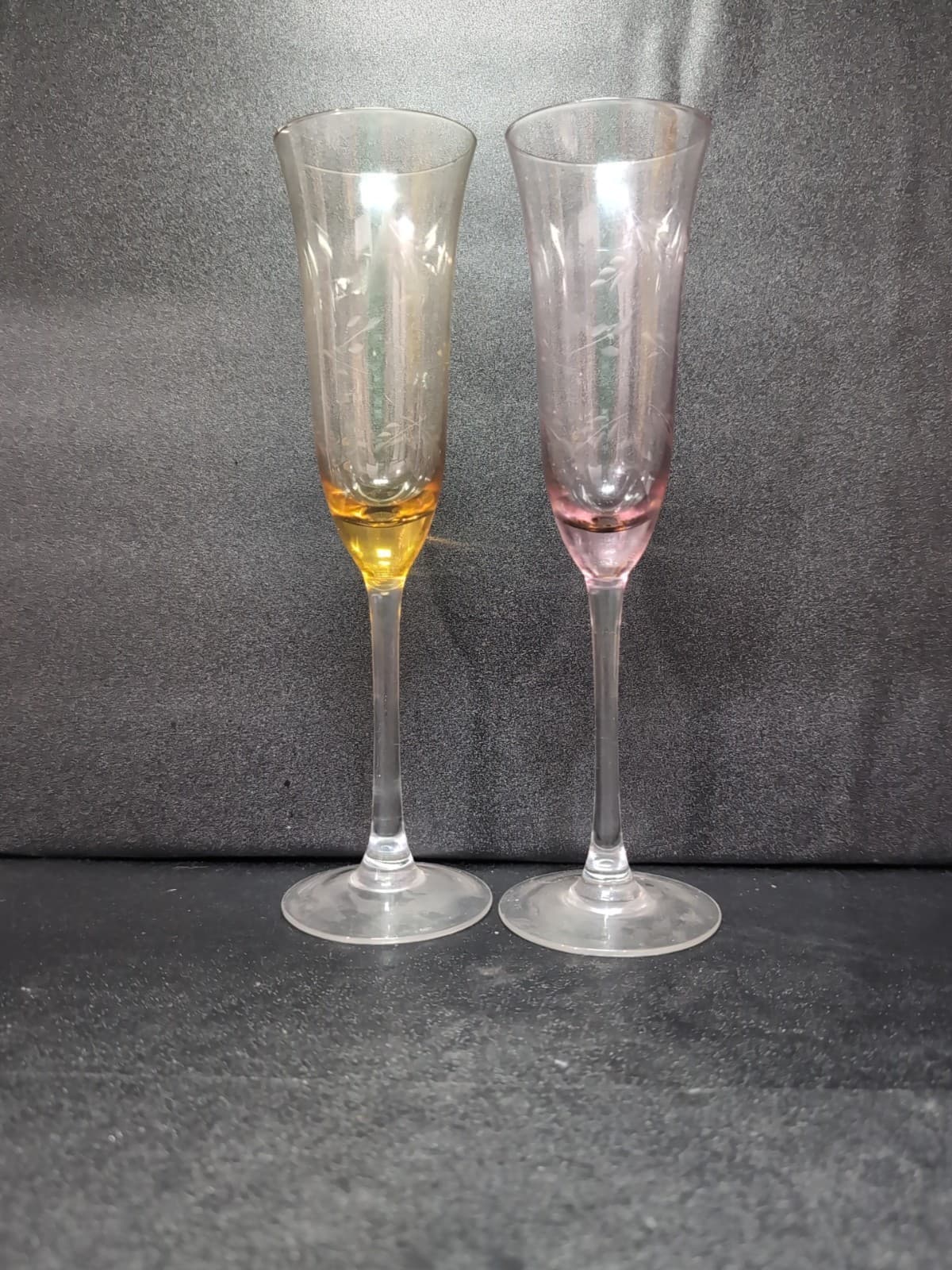 Etched Lead Crystal Champagne Flutes, Fluted Chintz Glass, Yellow & Pink Glass - Thumbnail 3