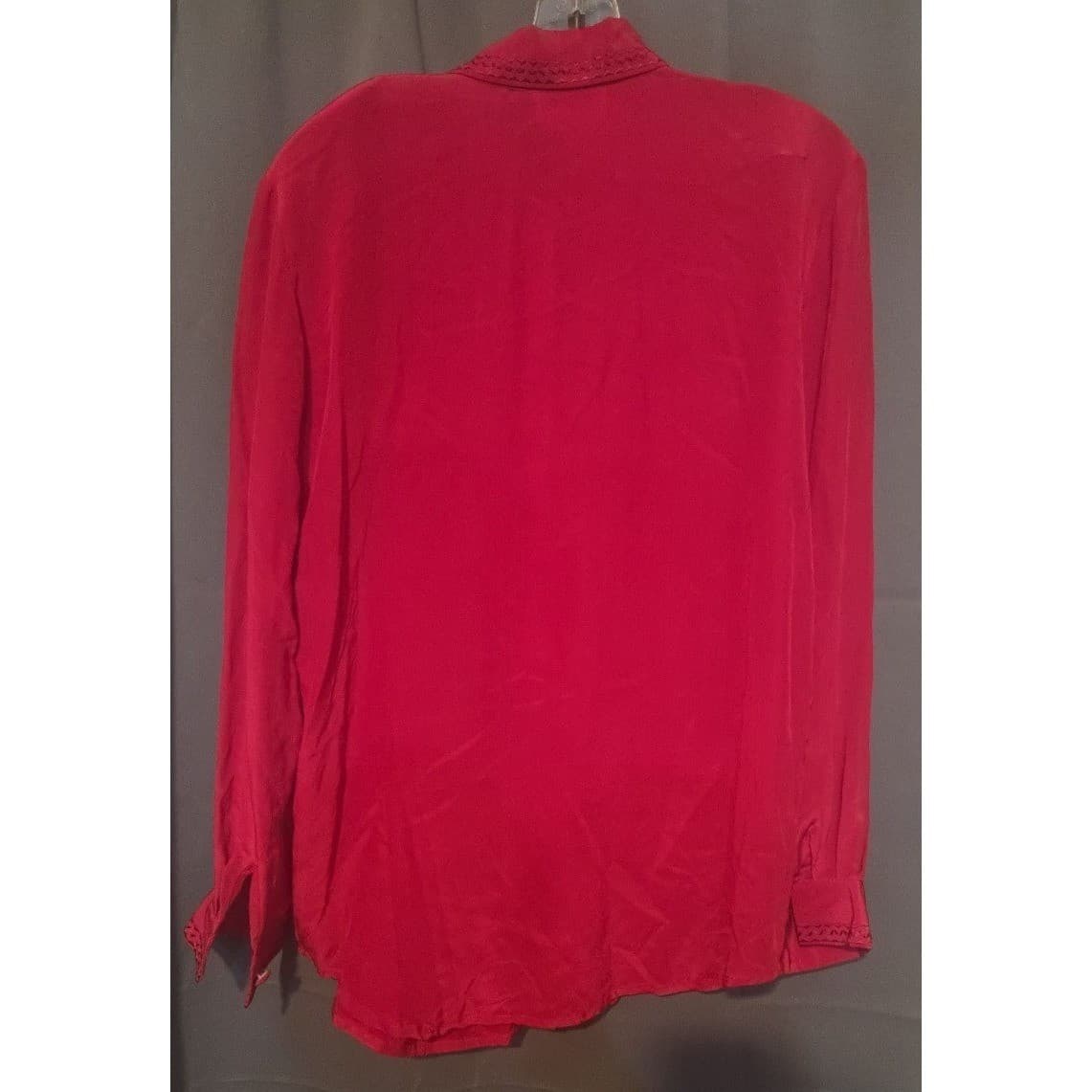 Tess Red Crochet Trim Button Down, Women's Small Blouse, 100% Silk, Long Sleeve - Thumbnail 4