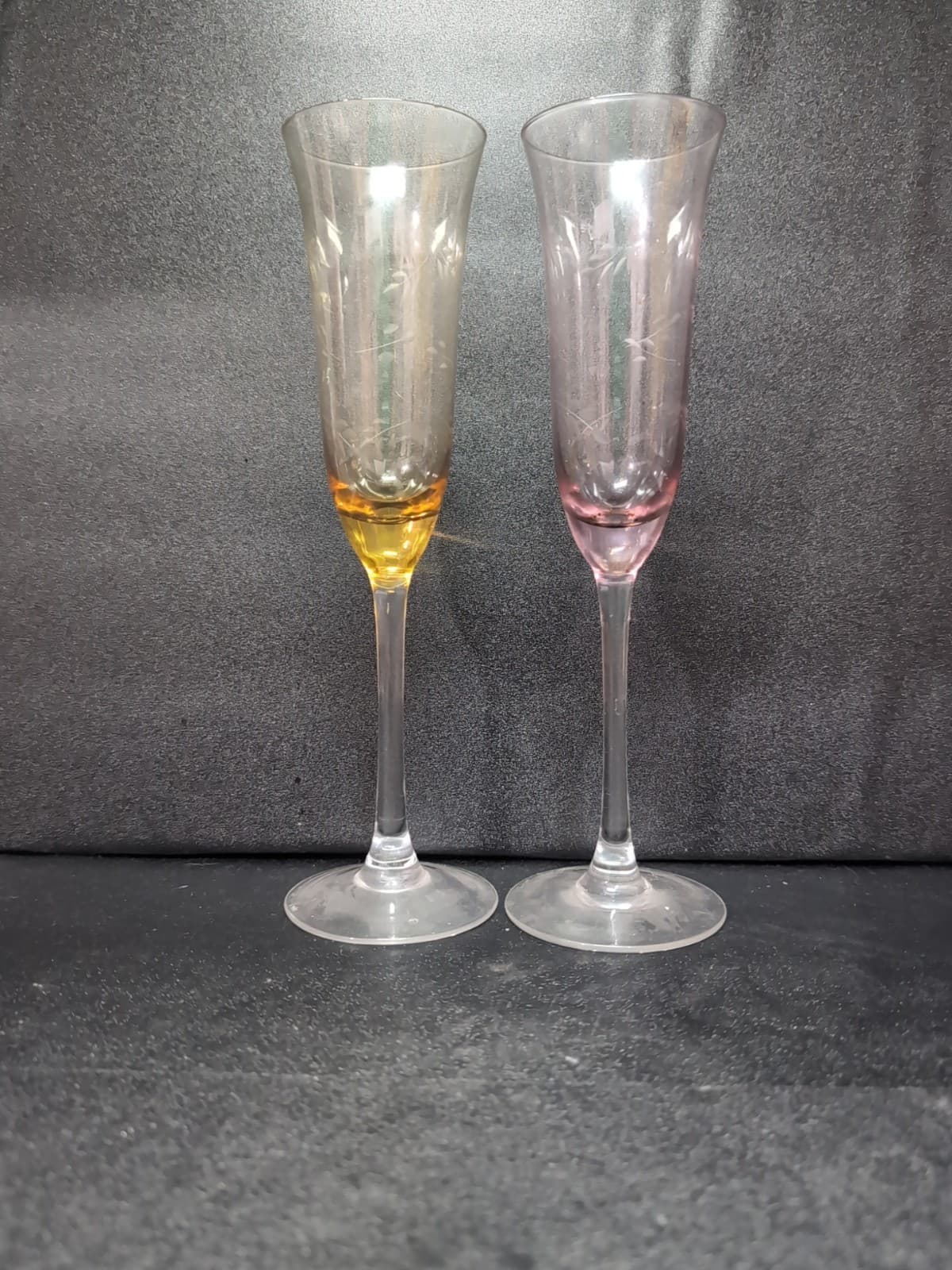 Etched Lead Crystal Champagne Flutes, Fluted Chintz Glass, Yellow & Pink Glass - Thumbnail 4