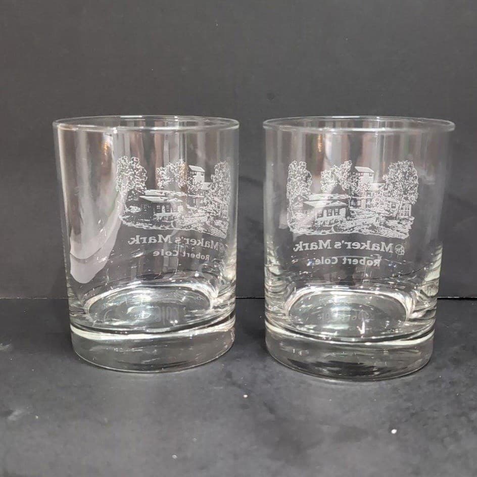 Makers Mark Whiskey Glasses, Set of 2, Vintage Etched Robert Cole Cabin Design - Thumbnail 4