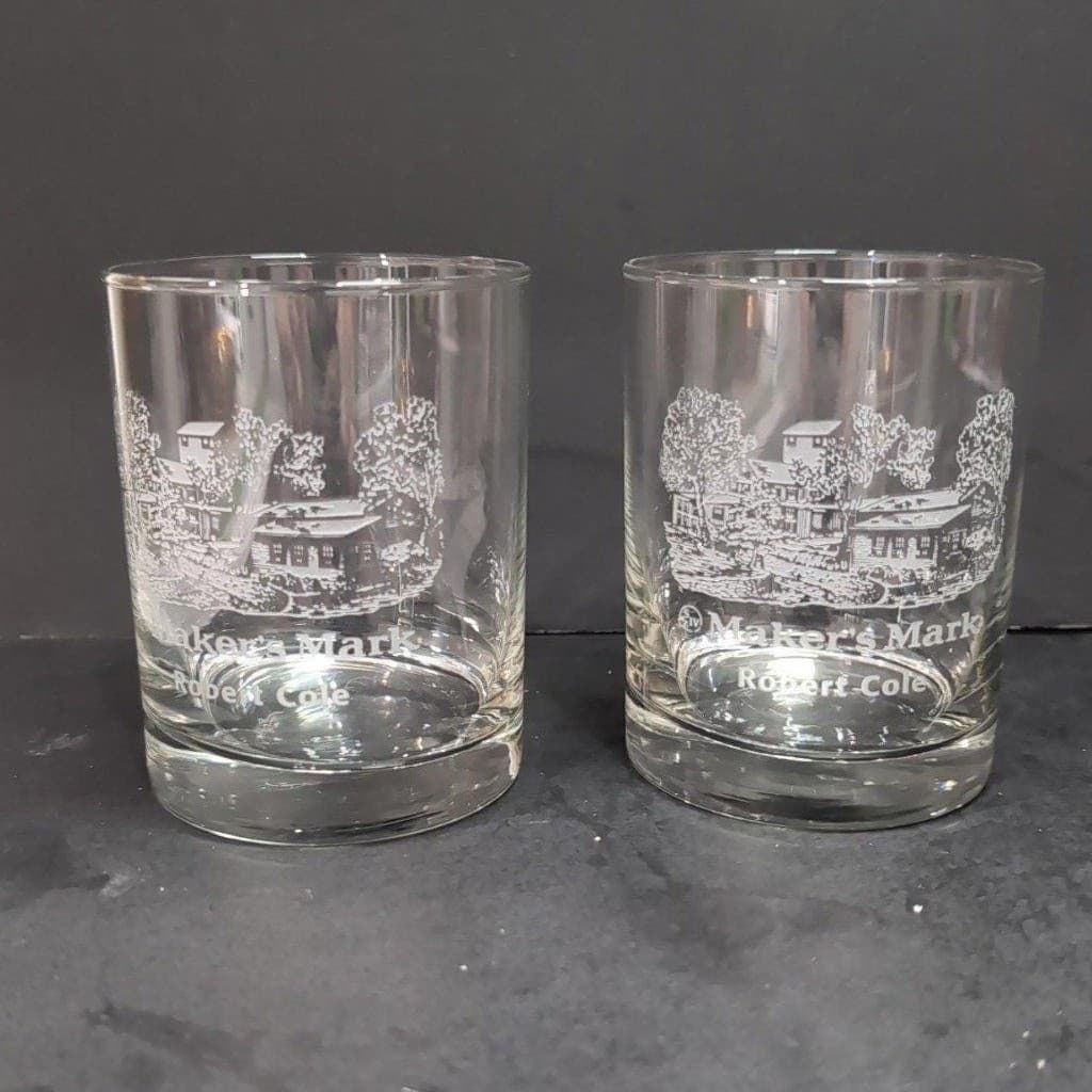 Makers Mark Whiskey Glasses, Set of 2, Vintage Etched Robert Cole Cabin Design - Thumbnail 2