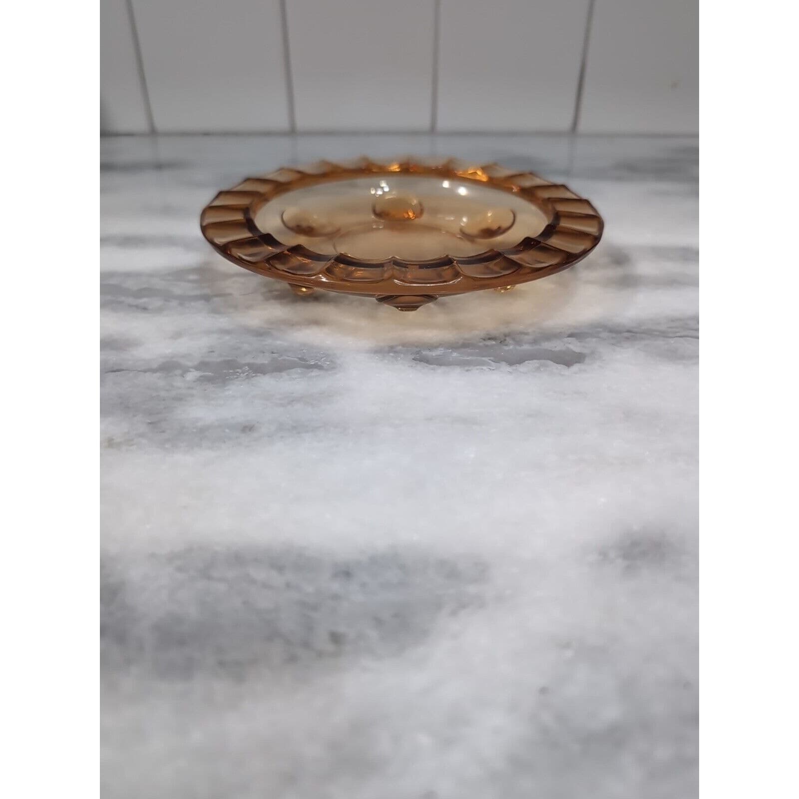 Indiana Glass Amber Trinket Footed Bowl Dish, Scalloped Edge Vintage 6" Diameter - Thumbnail 2