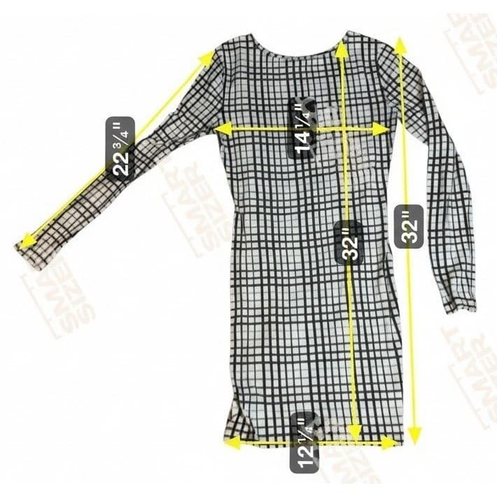 Forever 21 Womens Black White Grid Print Long Sleeve Bodycon Mini Dress Size S - Thumbnail 2