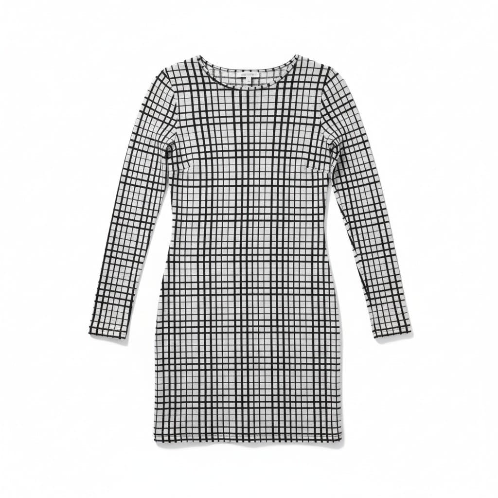 Forever 21 Womens Black White Grid Print Long Sleeve Bodycon Mini Dress Size S