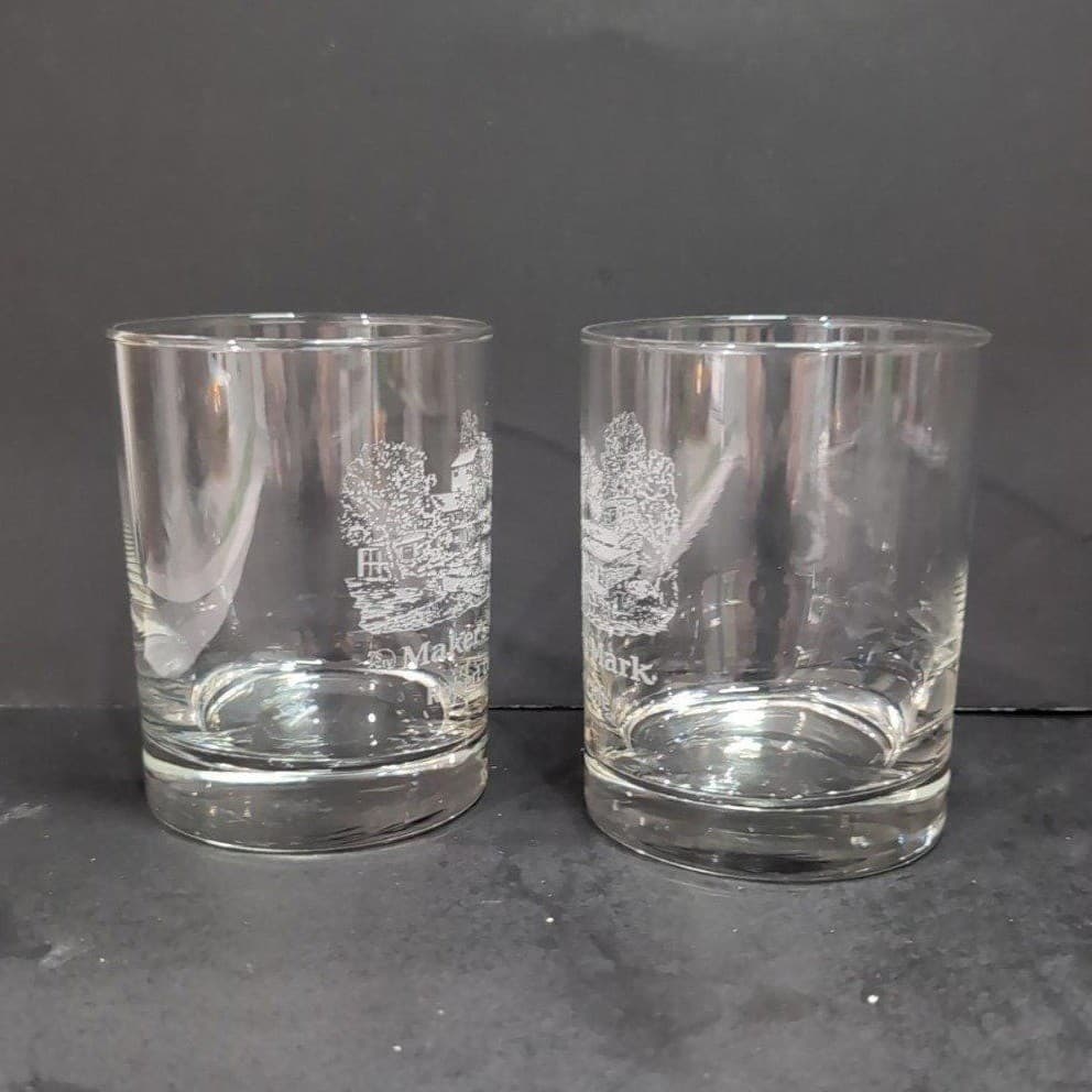 Makers Mark Whiskey Glasses, Set of 2, Vintage Etched Robert Cole Cabin Design - Thumbnail 5
