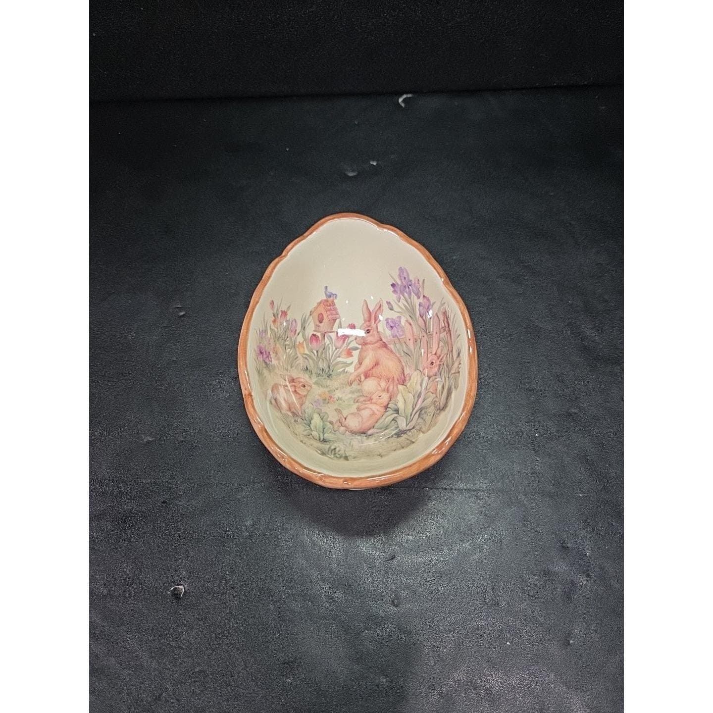Cracker Barrel Easter Egg Dish, Ceramic Egg Trinket Bowl, Vintage Brown Rabbit