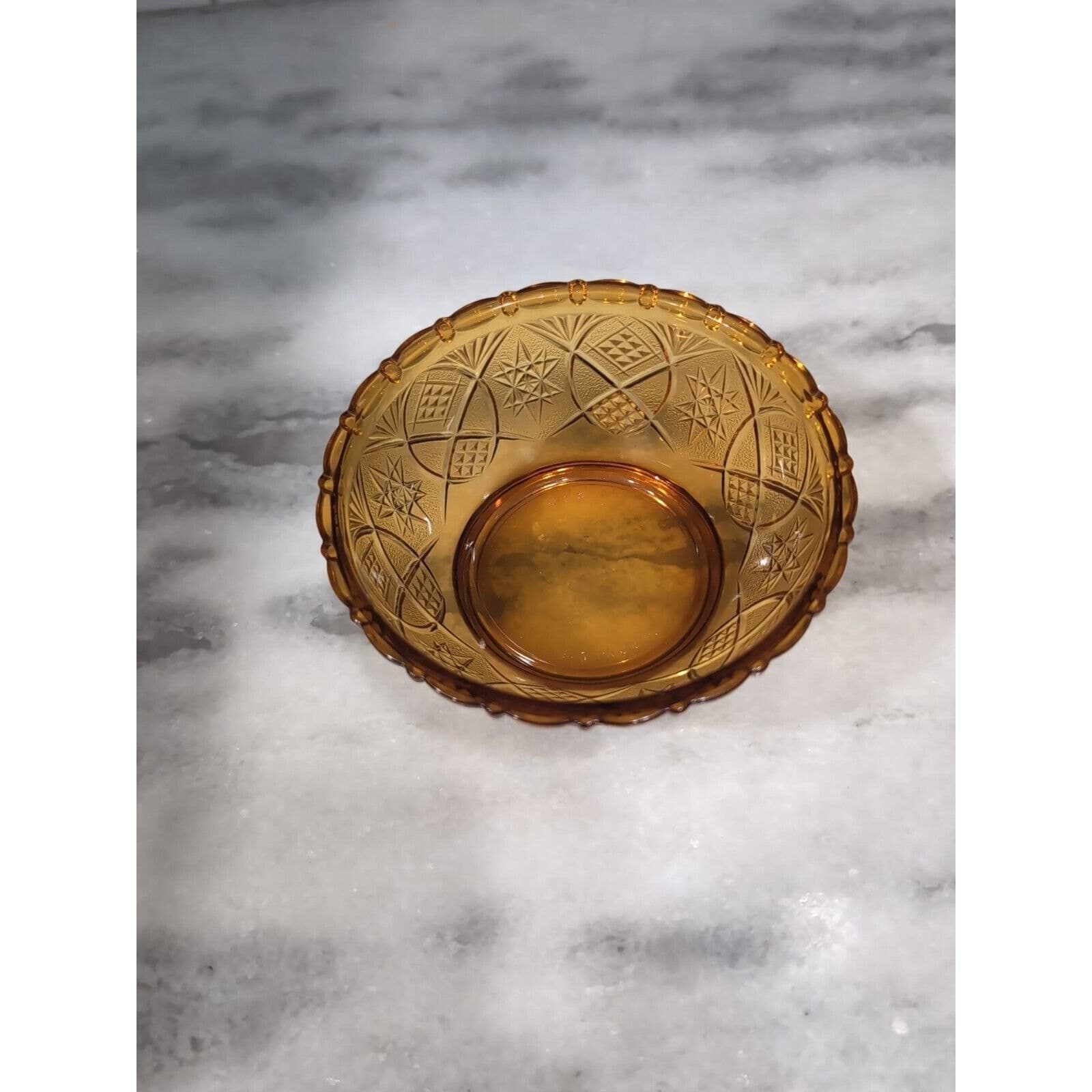 KIG Amber Glass Bowl, Fan Stars Crosshatch Pattern, Vintage Indonesian Decor - Thumbnail 2