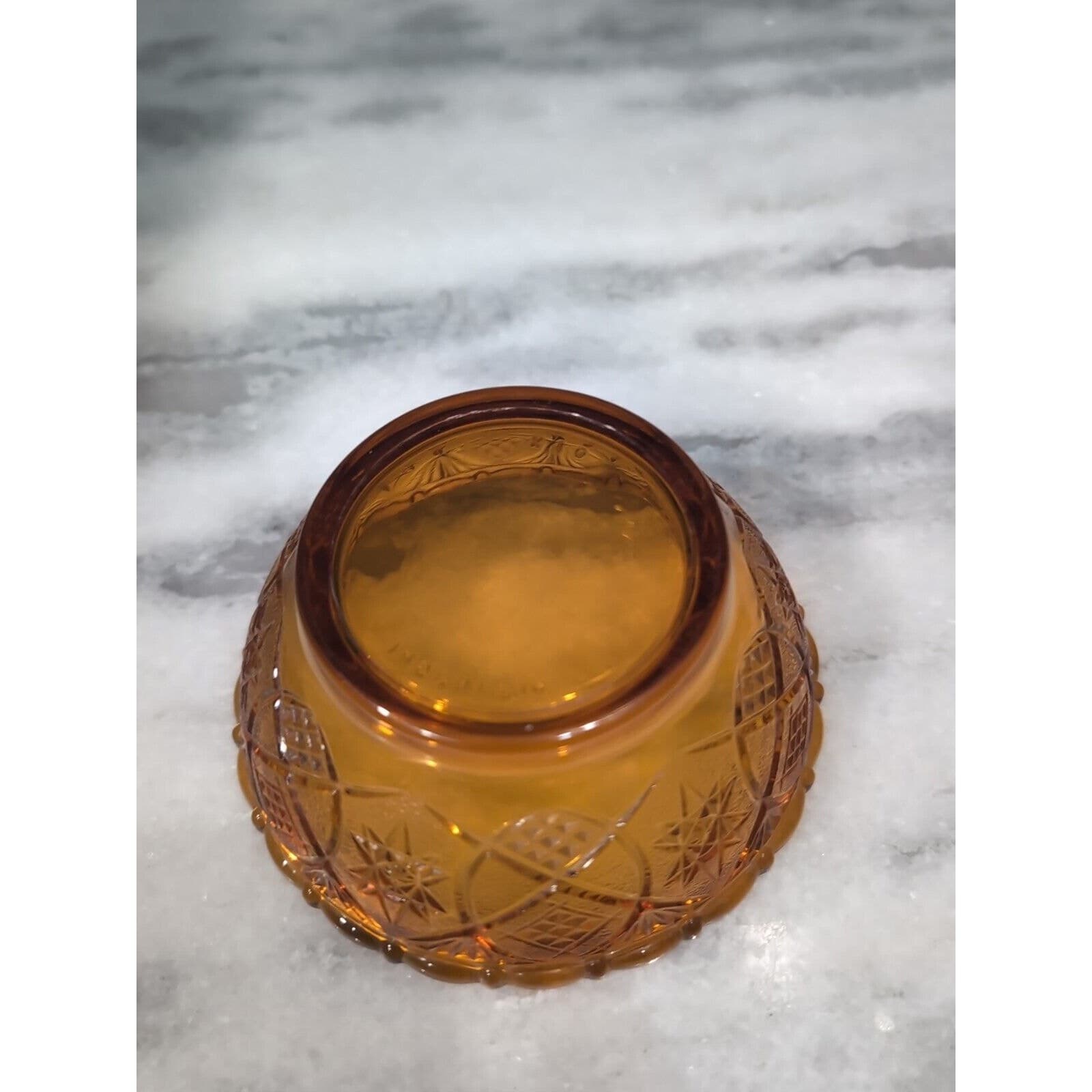 KIG Amber Glass Bowl, Fan Stars Crosshatch Pattern, Vintage Indonesian Decor - Thumbnail 4