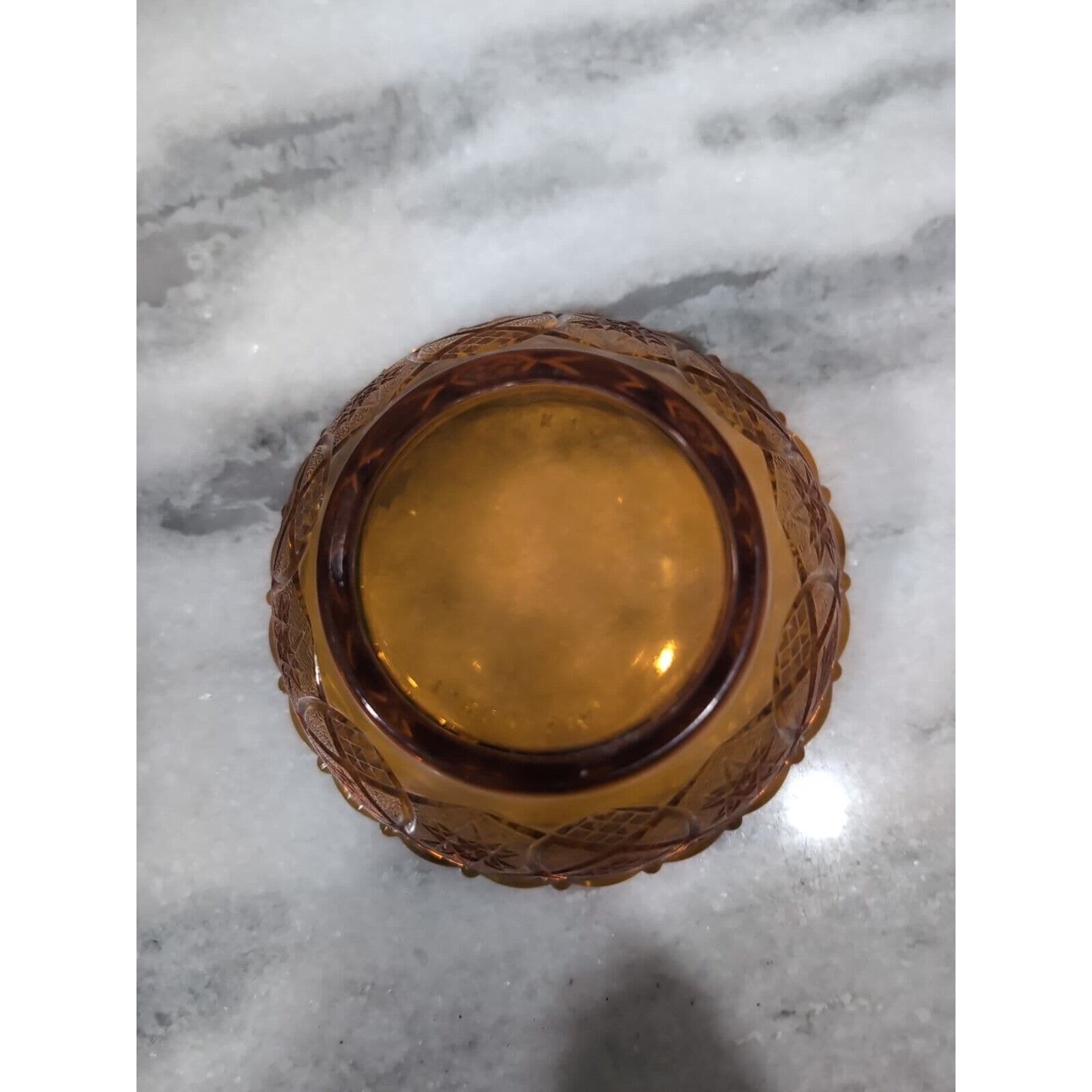 KIG Amber Glass Bowl, Fan Stars Crosshatch Pattern, Vintage Indonesian Decor - Thumbnail 5