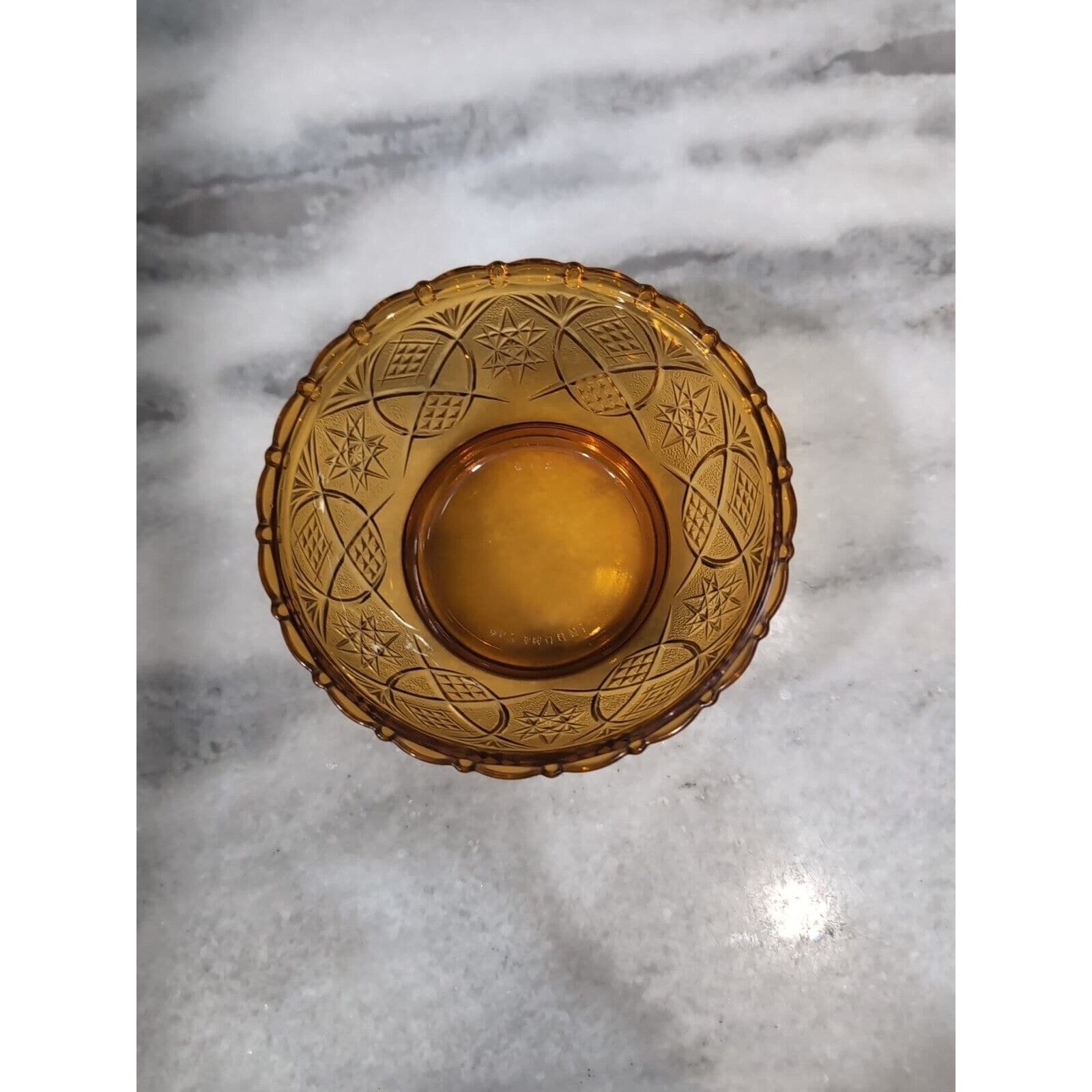 KIG Amber Glass Bowl, Fan Stars Crosshatch Pattern, Vintage Indonesian Decor - Thumbnail 6