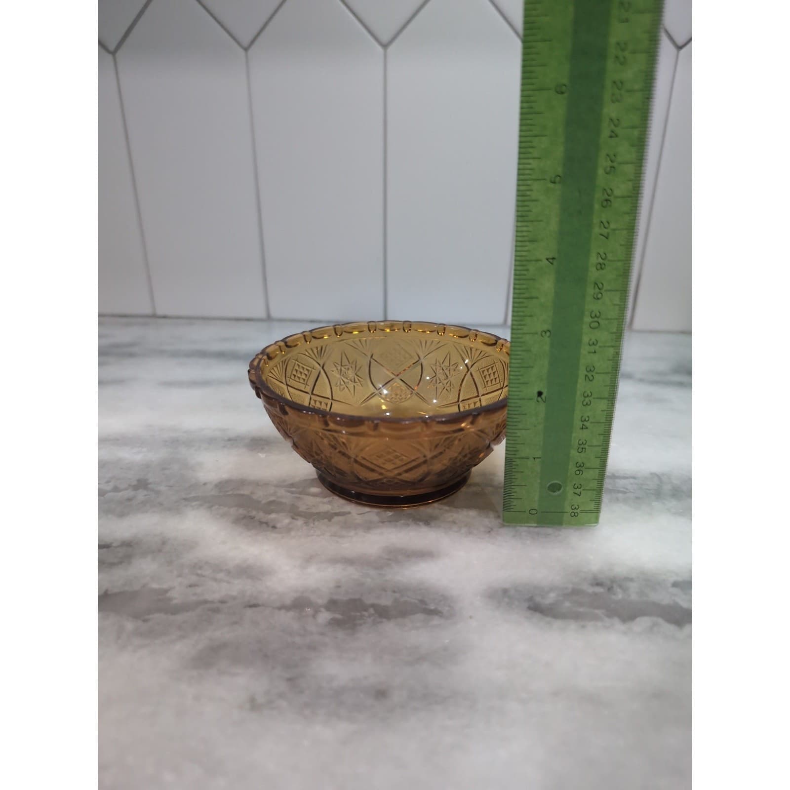 KIG Amber Glass Bowl, Fan Stars Crosshatch Pattern, Vintage Indonesian Decor - Thumbnail 7
