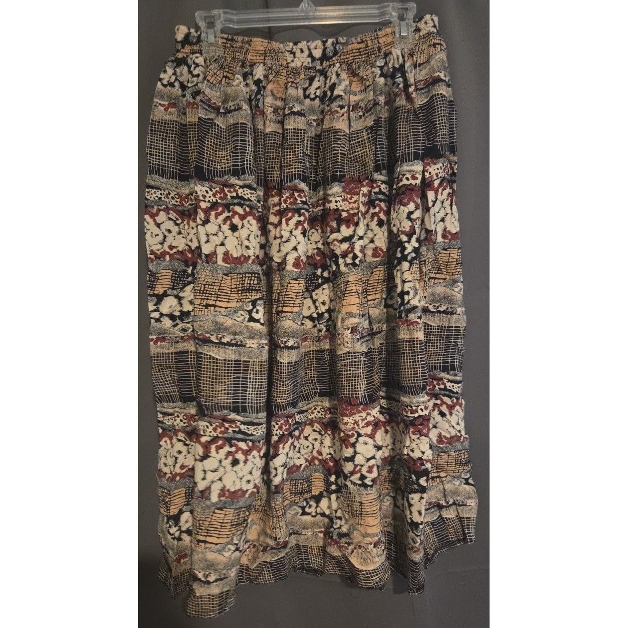 Maren Vintage Mixed Print Rayon Midi Skirt, Tan Black Burgundy, Woman's Sz 14/16 - Thumbnail 4