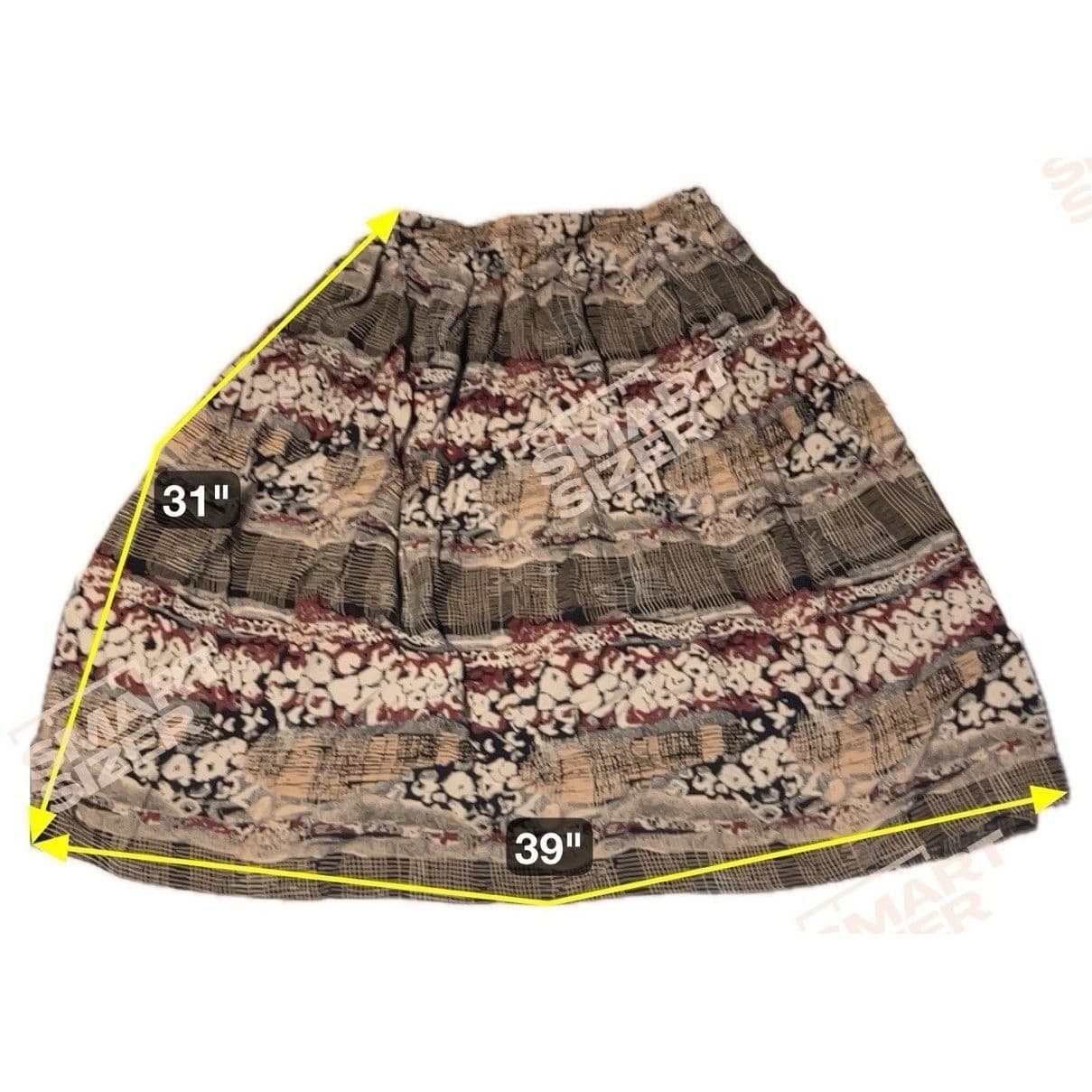 Maren Vintage Mixed Print Rayon Midi Skirt, Tan Black Burgundy, Woman's Sz 14/16 - Thumbnail 2