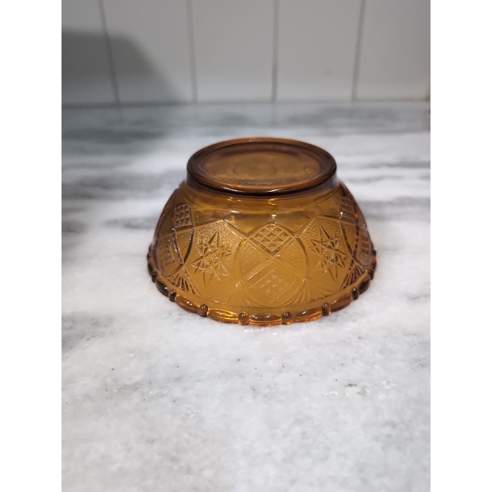 KIG Amber Glass Bowl, Fan Stars Crosshatch Pattern, Vintage Indonesian Decor - Thumbnail 3