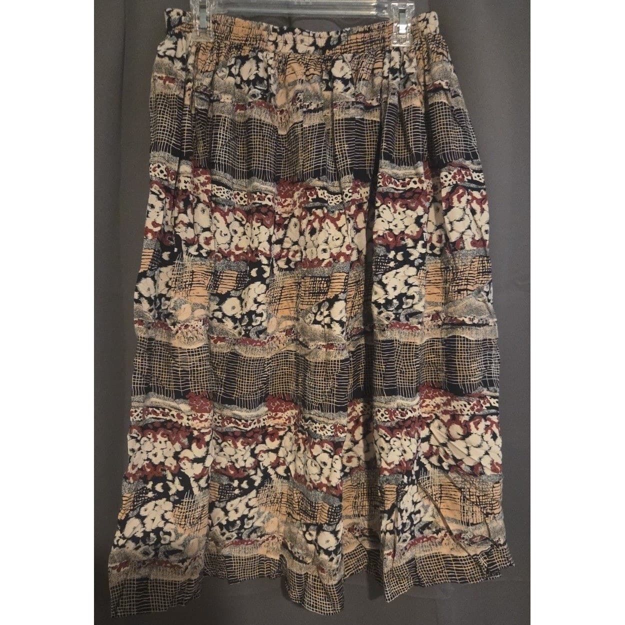 Maren Vintage Mixed Print Rayon Midi Skirt, Tan Black Burgundy, Woman's Sz 14/16 - Thumbnail 3