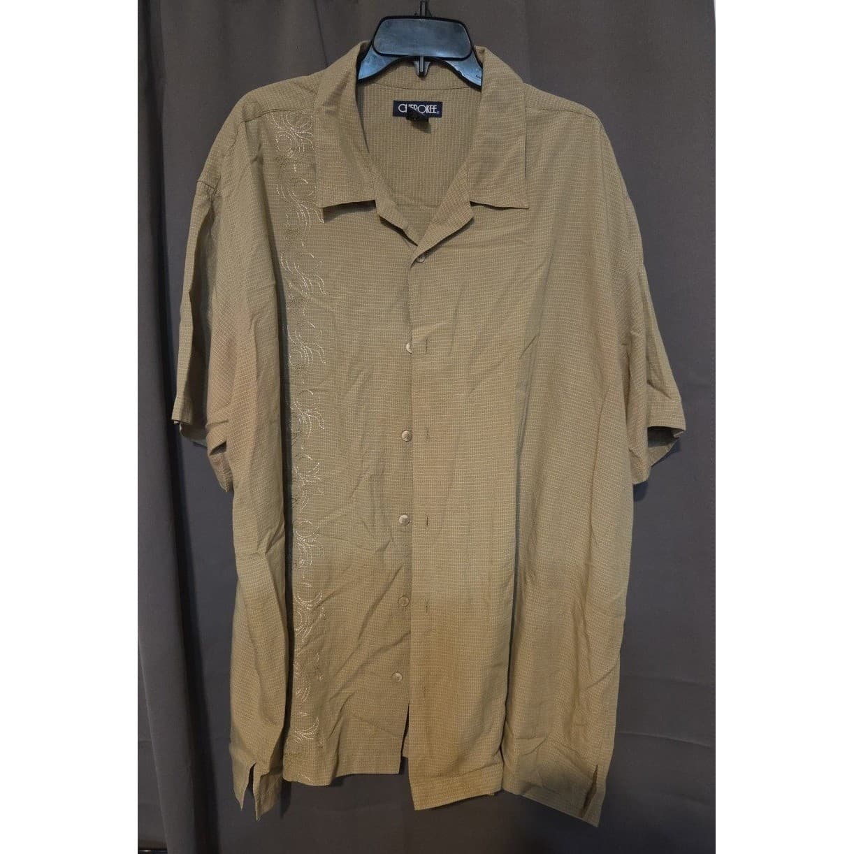 Cherokee Tan Embroidered Short Sleeve Button Front Camp Shirt, Men's XXL Khaki - Thumbnail 3