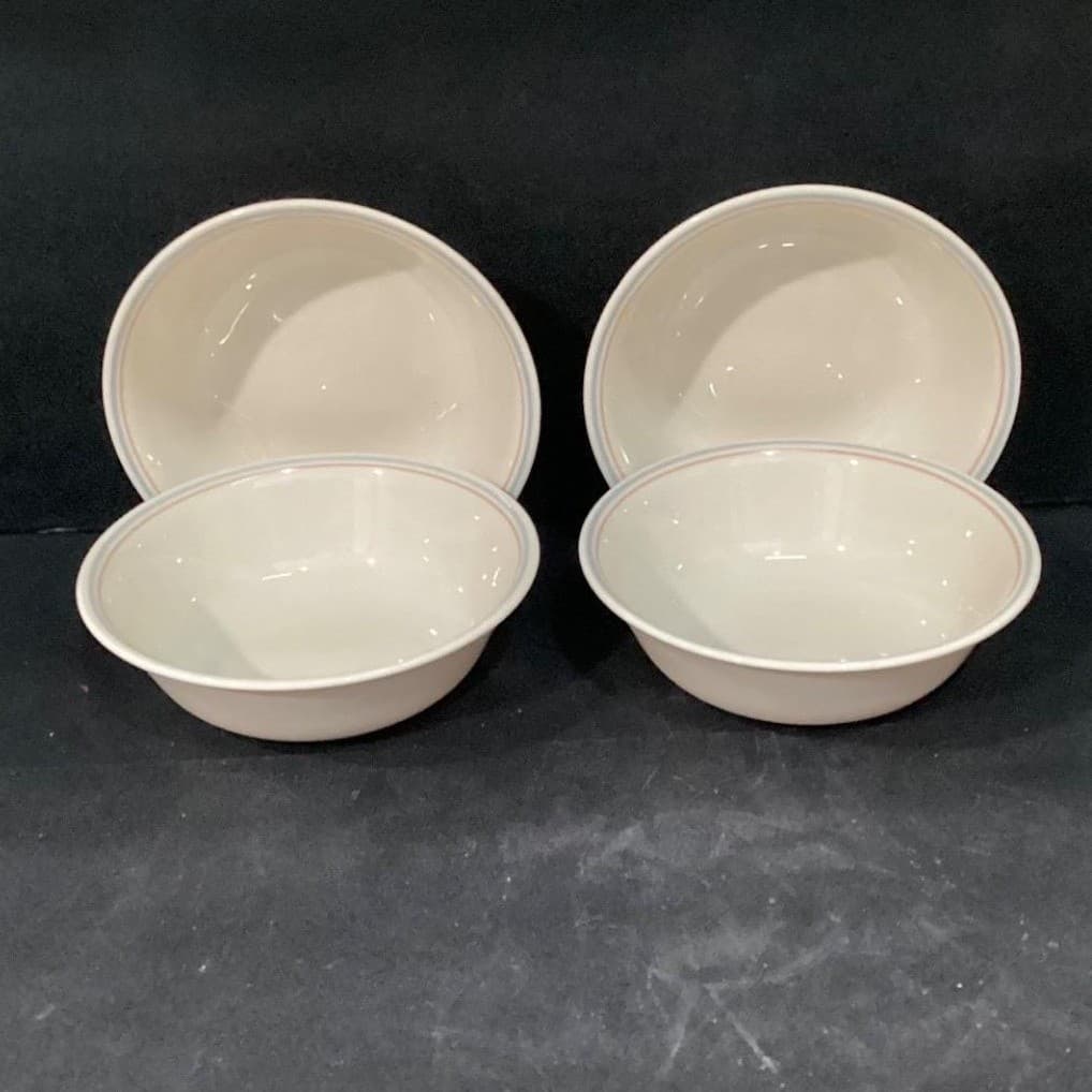Corelle Corning ENGLISH BREAKFAST Blue & Pink Bands 4 Soup Cereal Bowls