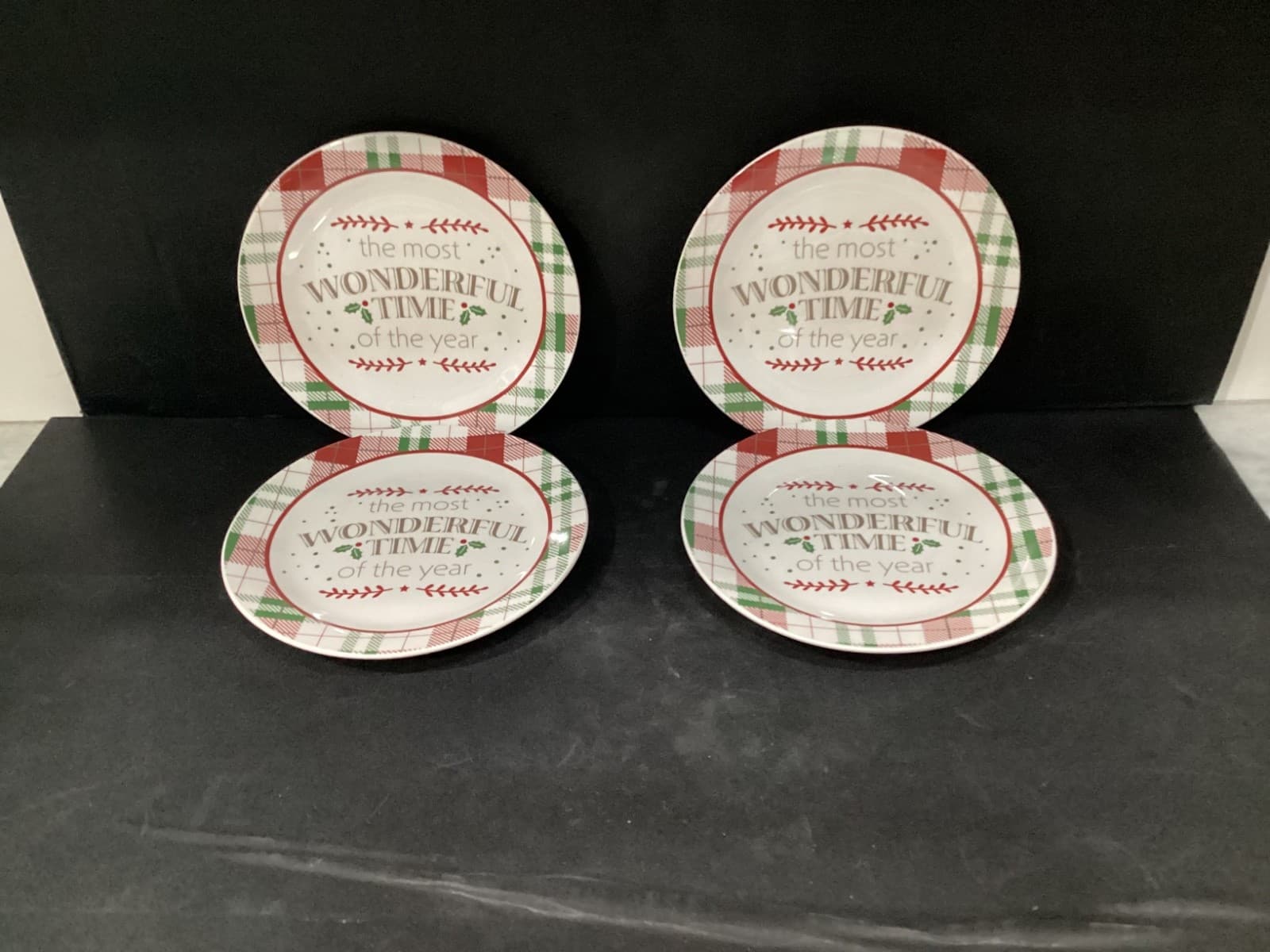 New Royal Norfolk Plaid Christmas Salad Plates 8” Set of 4 Most Wonderful Time