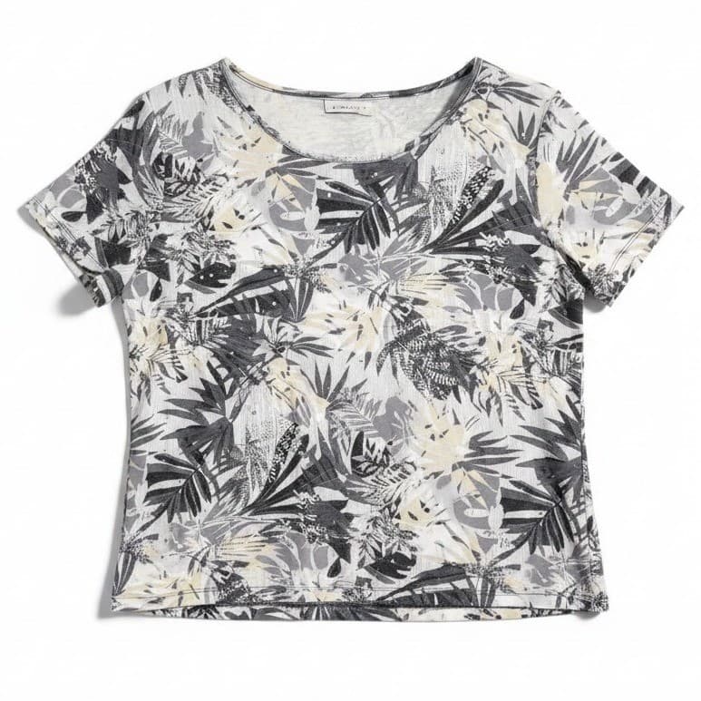 Basic Editions Tropical Leaf Print Top, Rhinestone Scoop Neck, Women's Large