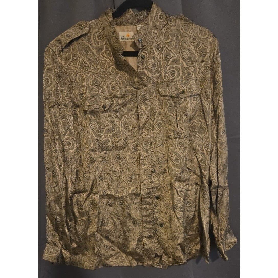 Liz Claiborne Gold Paisley Rayon Button Down Shirt, Epaulettes, Women's Size 14 - Thumbnail 3