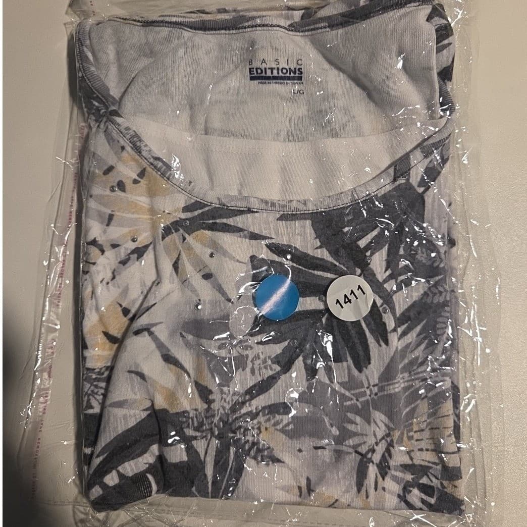 Basic Editions Tropical Leaf Print Top, Rhinestone Scoop Neck, Women's Large - Thumbnail 9