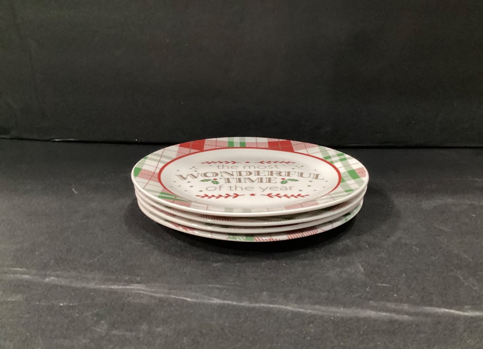 New Royal Norfolk Plaid Christmas Salad Plates 8” Set of 4 Most Wonderful Time - Thumbnail 6